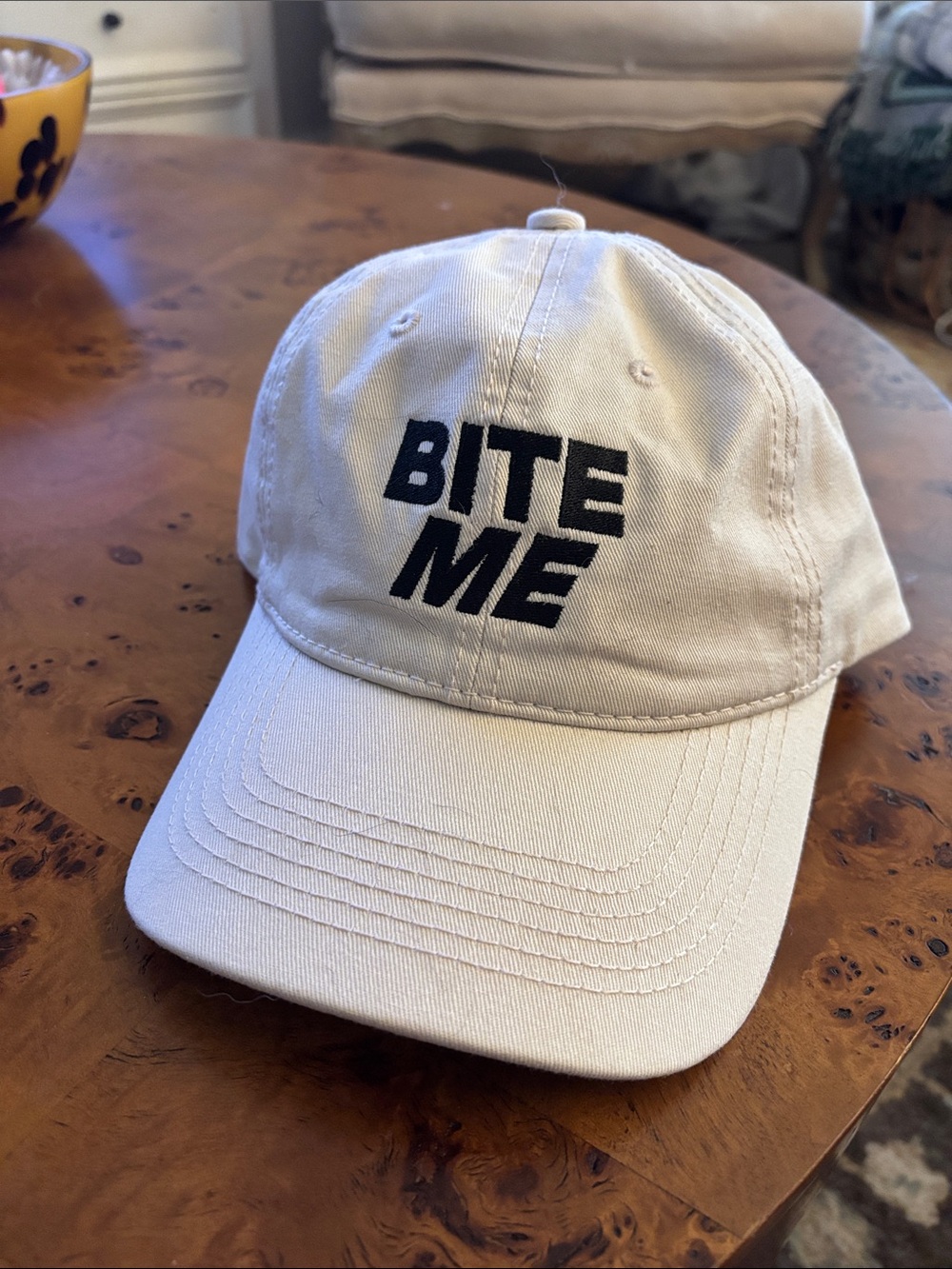 Renee Rapp BITE ME Cotton Baseball Cap - Cream with Black Embroidery